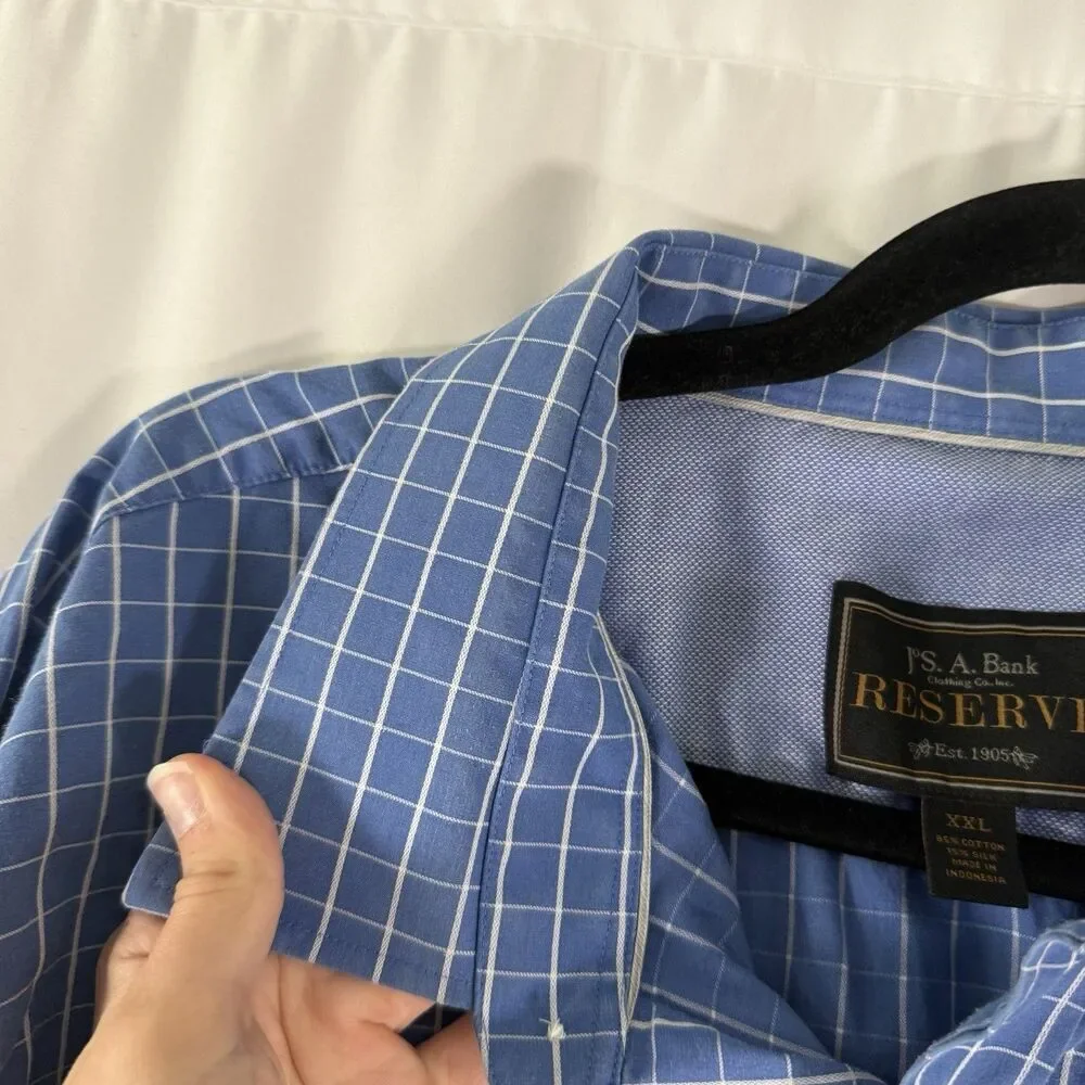 Jos A Bank Reserve Dress Shirt Mens XXL Silk Bl Blue Plaid Button Up Long Sleeve